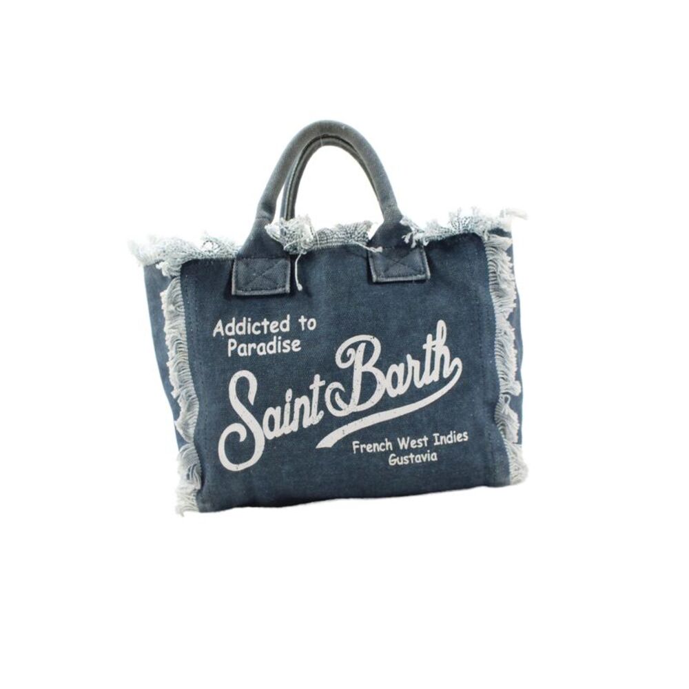 St.Barthn Womens Canvas Fringe Edge Small Tote Handbag Blue